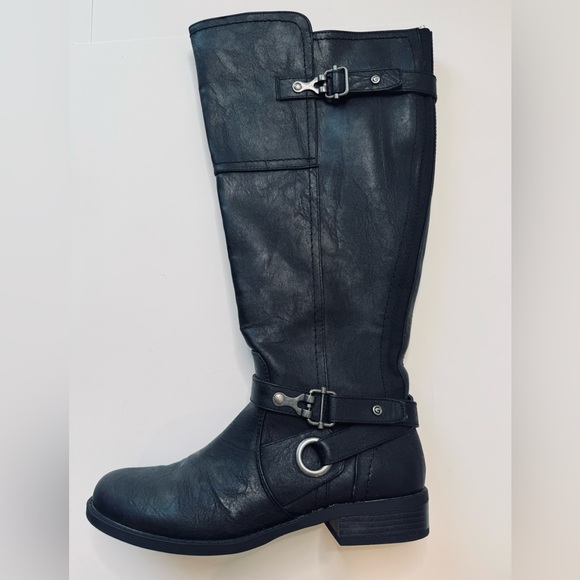 GUESS G Harvest Tall Riding Black Leather Buckle Boots Size 8 - Picture 5 of 16
